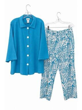 BFA Classics 2 Pc Outfit Set Womens Large Blue White Tropical Capri Pants